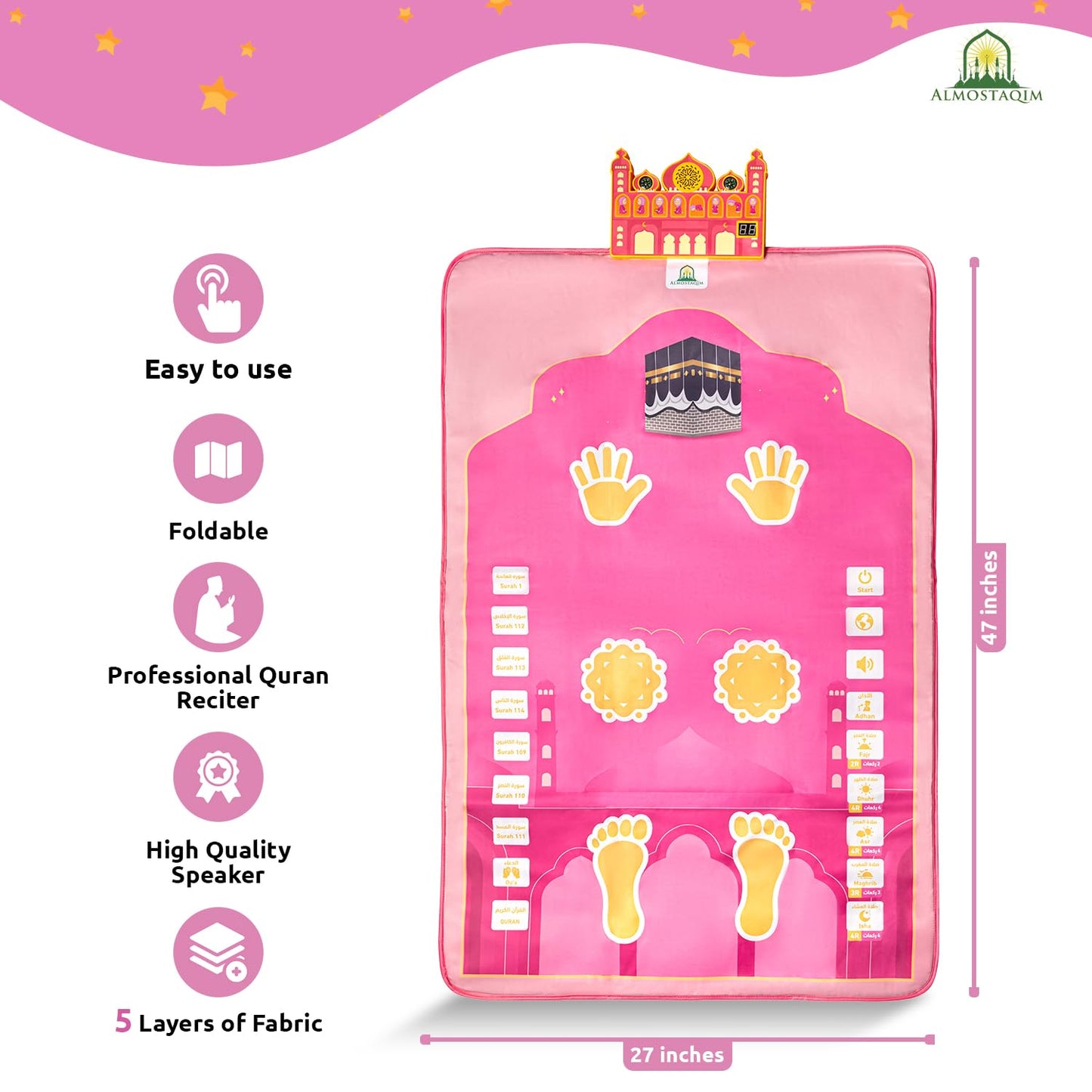 ALMOSTAQIM Educational Prayer Mat - Interactive Prayer Mats for Kids, Built-in Compass, 50 Touch-Sensitive Buttons, LCD Counter, Professional Quran Reciter - 47x27