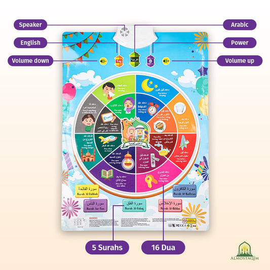 Almostaqim Dua Wall Chart - Interactive Islamic Learning Tool for Kids - Visual & Audio Teaching of Duas & Quran Surahs in Arabic, English - Islamic Gifts for Muslims, Children & Families for Ramadan