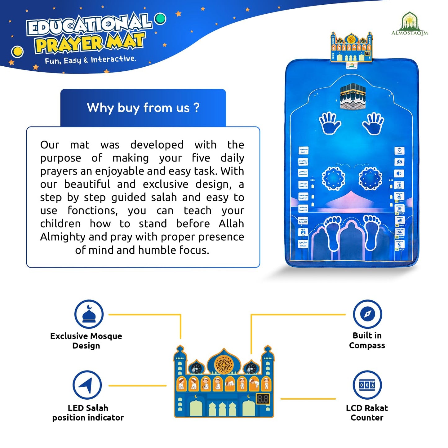 ALMOSTAQIM Educational Prayer Mat - Interactive Prayer Mats for Kids, Built-in Compass, 50 Touch-Sensitive Buttons, LCD Counter, Professional Quran Reciter - 47x27