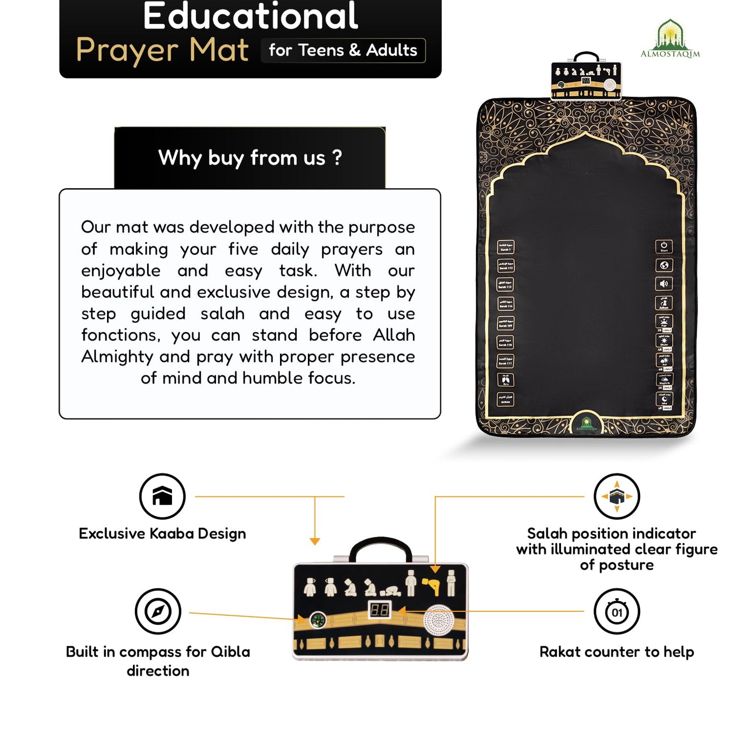 ALMOSTAQIM Educational Prayer Mat for Teens and Adults - Interactive Smart Prayer Rug - Step by Step Salah Guide, Position Indicator, Rakat Counter, Touch-Sensitive Buttons, Quran Reciter [Black]