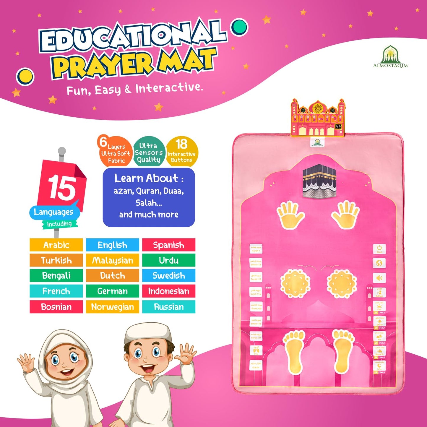 ALMOSTAQIM Educational Prayer Mat - Interactive Prayer Mats for Kids, Built-in Compass, 50 Touch-Sensitive Buttons, LCD Counter, Professional Quran Reciter - 47x27