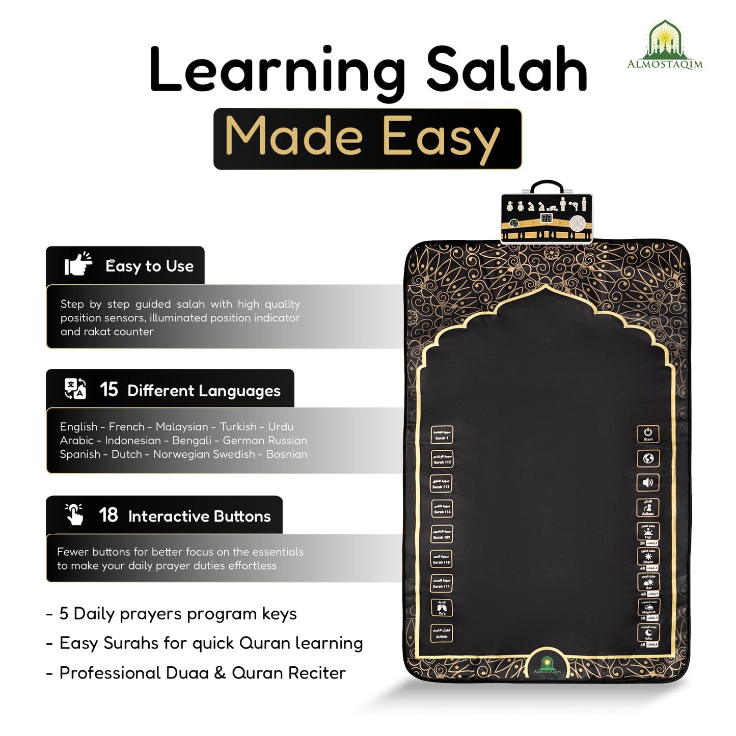 ALMOSTAQIM Educational Prayer Mat for Teens and Adults - Interactive Smart Prayer Rug - Step by Step Salah Guide, Position Indicator, Rakat Counter, Touch-Sensitive Buttons, Quran Reciter [Black]