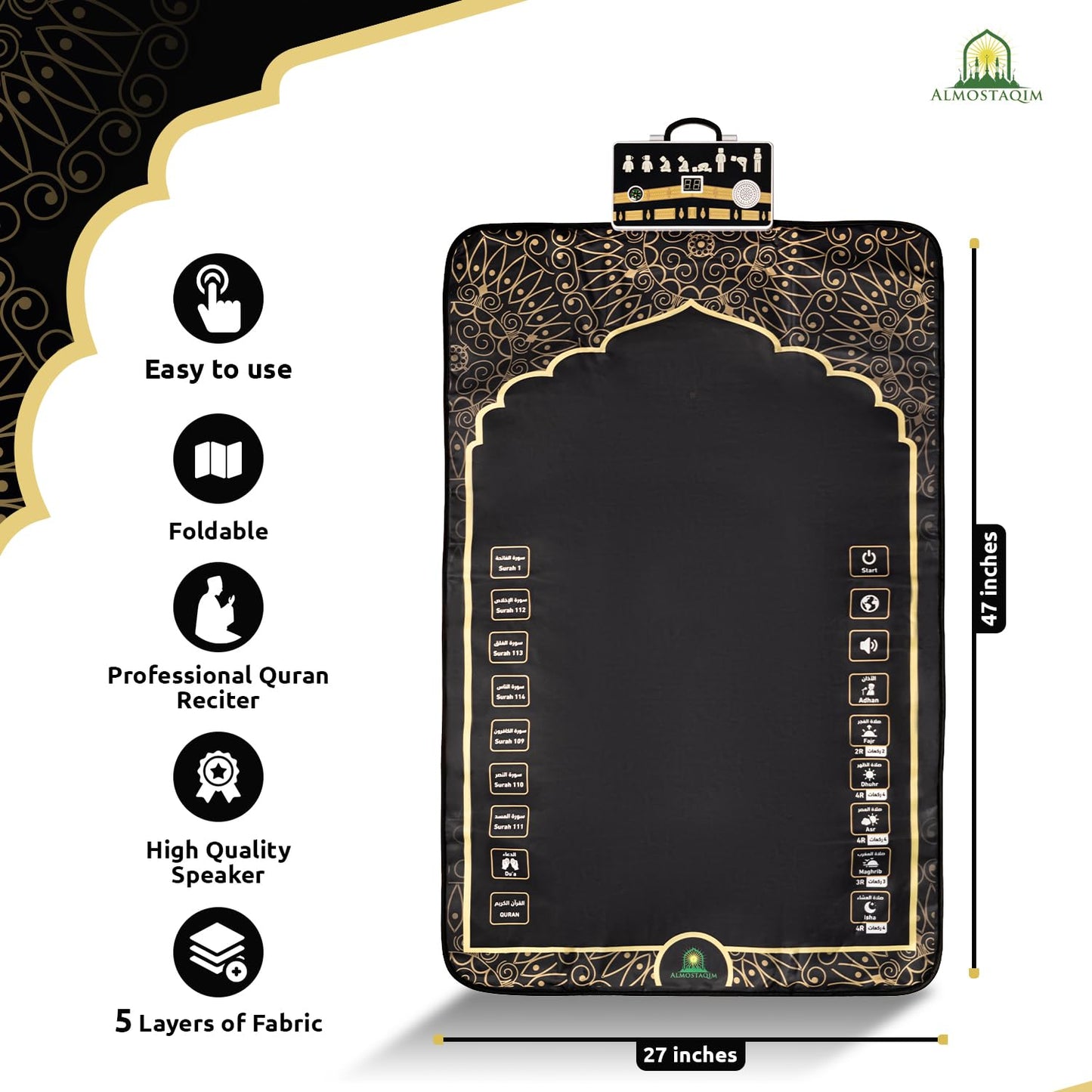 ALMOSTAQIM Educational Prayer Mat for Teens and Adults - Interactive Smart Prayer Rug - Step by Step Salah Guide, Position Indicator, Rakat Counter, Touch-Sensitive Buttons, Quran Reciter [Black]