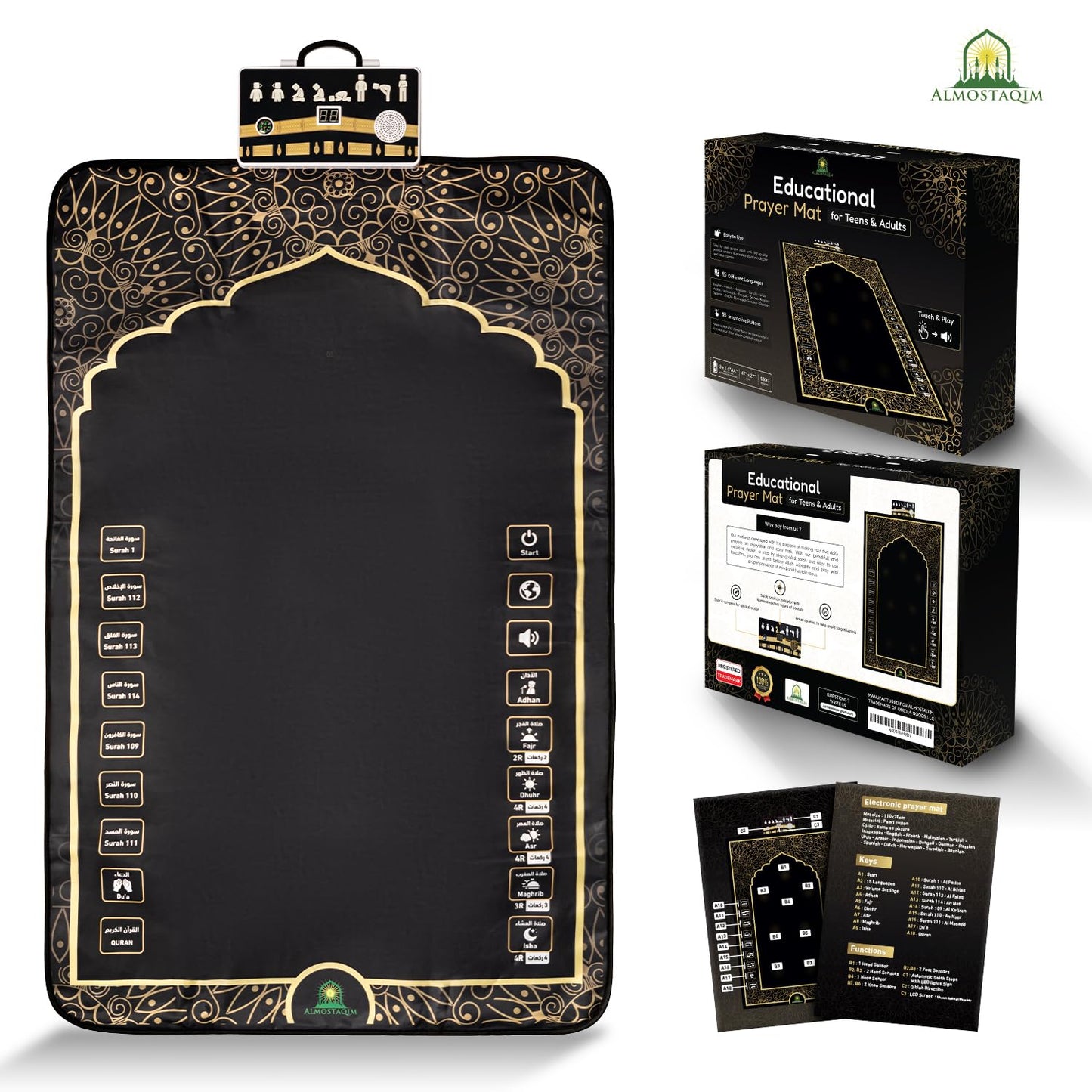 ALMOSTAQIM Educational Prayer Mat for Teens and Adults - Interactive Smart Prayer Rug - Step by Step Salah Guide, Position Indicator, Rakat Counter, Touch-Sensitive Buttons, Quran Reciter [Black]