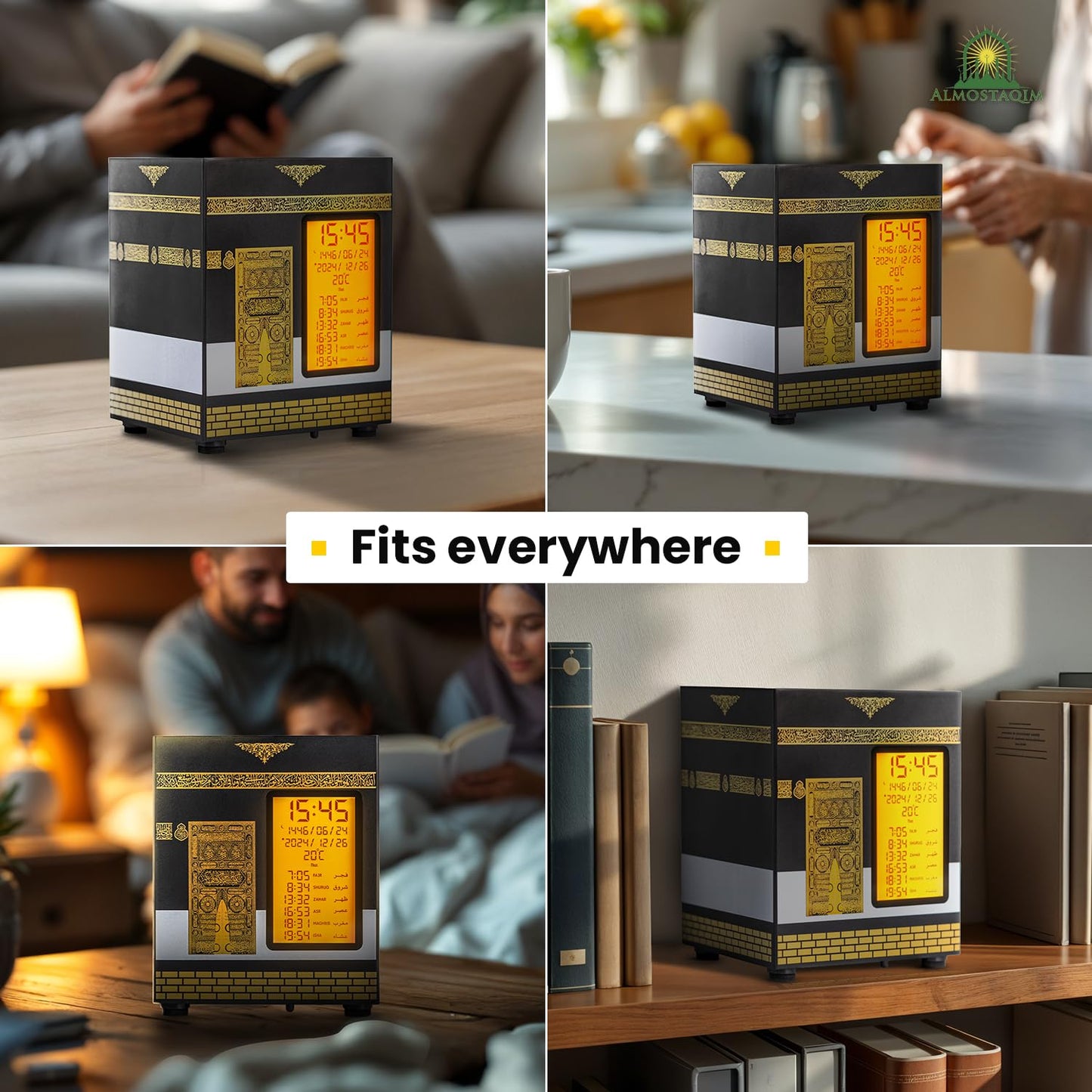 ALMOSTAQIM Azan Clock for Home - Athan Clock for Prayer with Sound, Daily Reminder, Quran Recitation & Explanations - Portable & Rechargeable - Mobile App & Remote Control - Kaaba Design