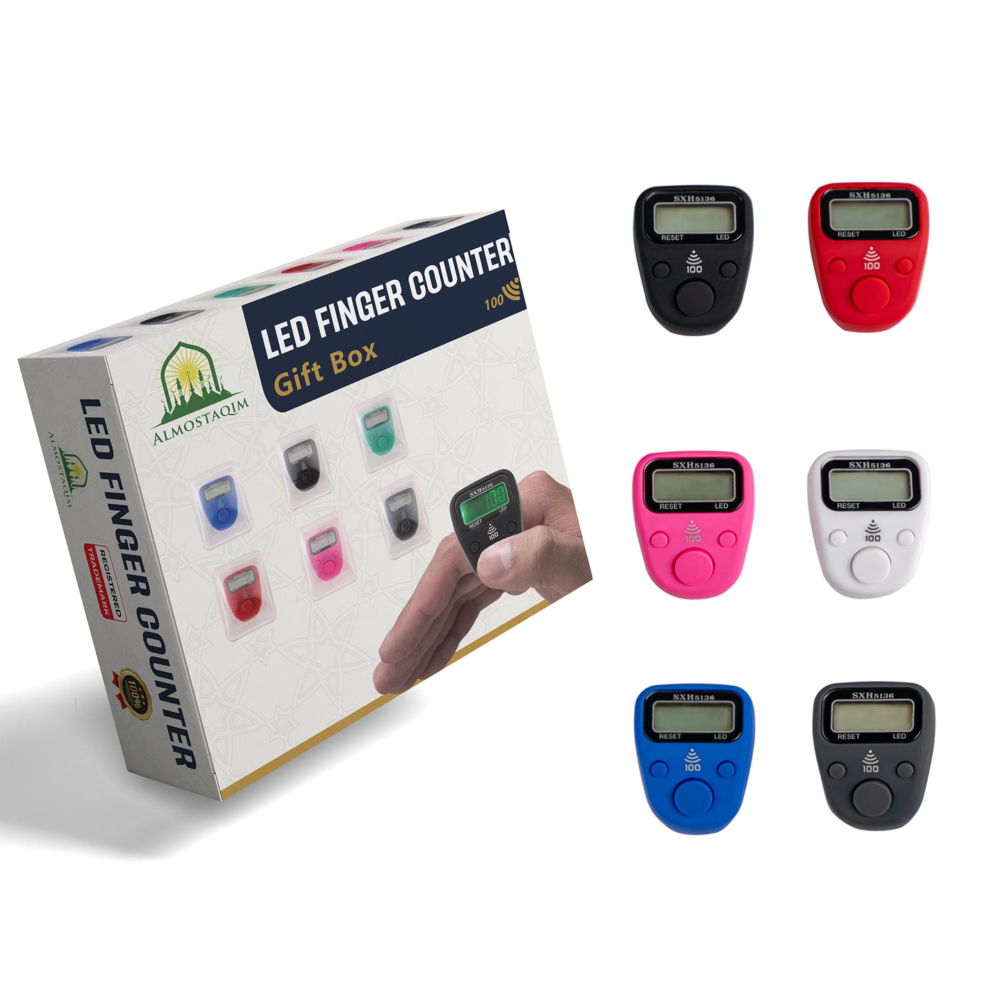 ALMOSTAQIM 6-Pack Digital Tally Finger Counter with Led, Colorful Tasbeeh Tasbih 5-Digits Counter Clickers with Led Light, Carry Ring, Individual Hard Case for Muslims Pray Knitting Track Golf Lap