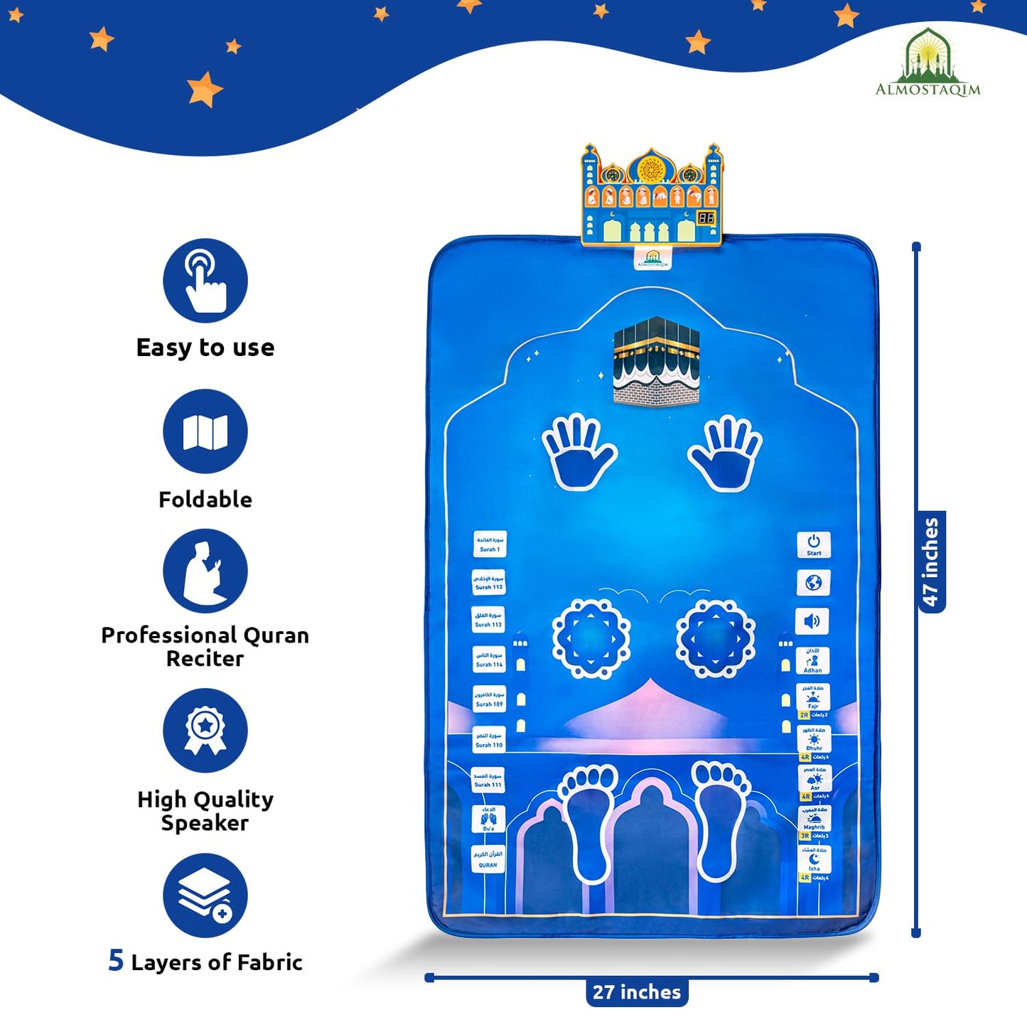 ALMOSTAQIM Educational Prayer Mat - Interactive Prayer Mats for Kids, Built-in Compass, 50 Touch-Sensitive Buttons, LCD Counter, Professional Quran Reciter - 47x27