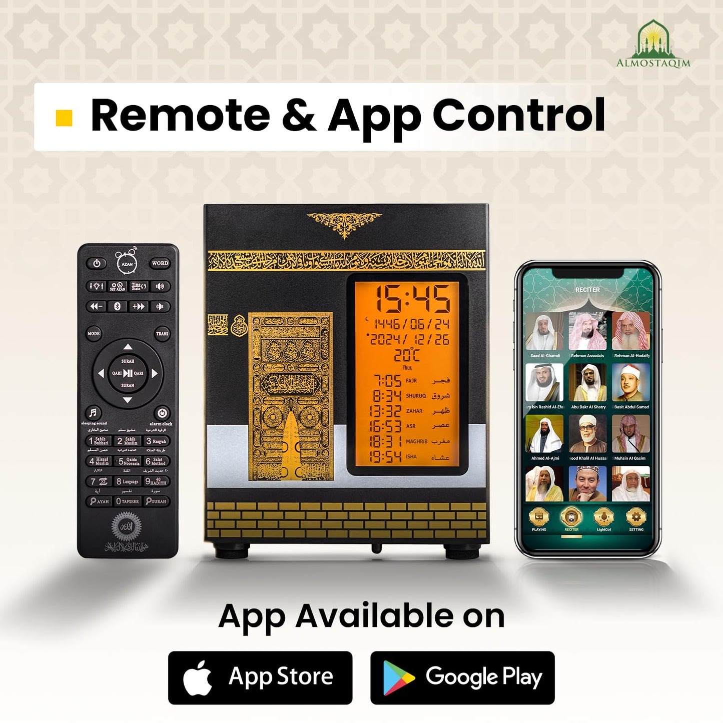 ALMOSTAQIM Azan Clock for Home - Athan Clock for Prayer with Sound, Daily Reminder, Quran Recitation & Explanations - Portable & Rechargeable - Mobile App & Remote Control - Kaaba Design